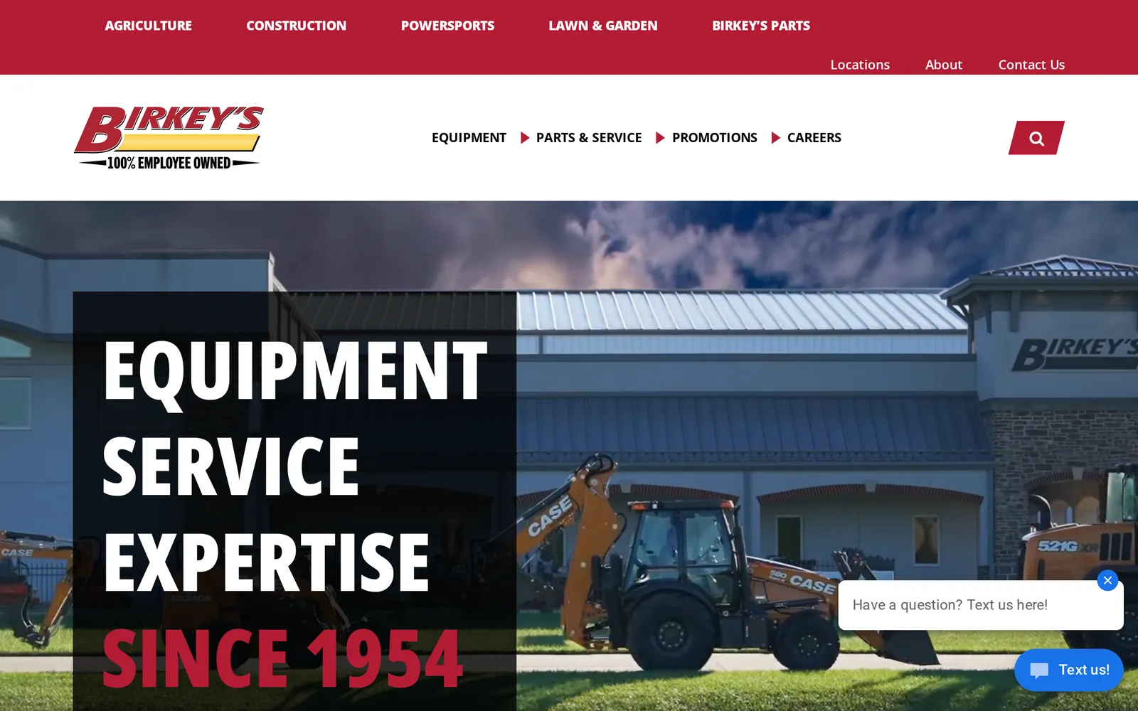 Screenshot of the Birkey's Equipment homepage