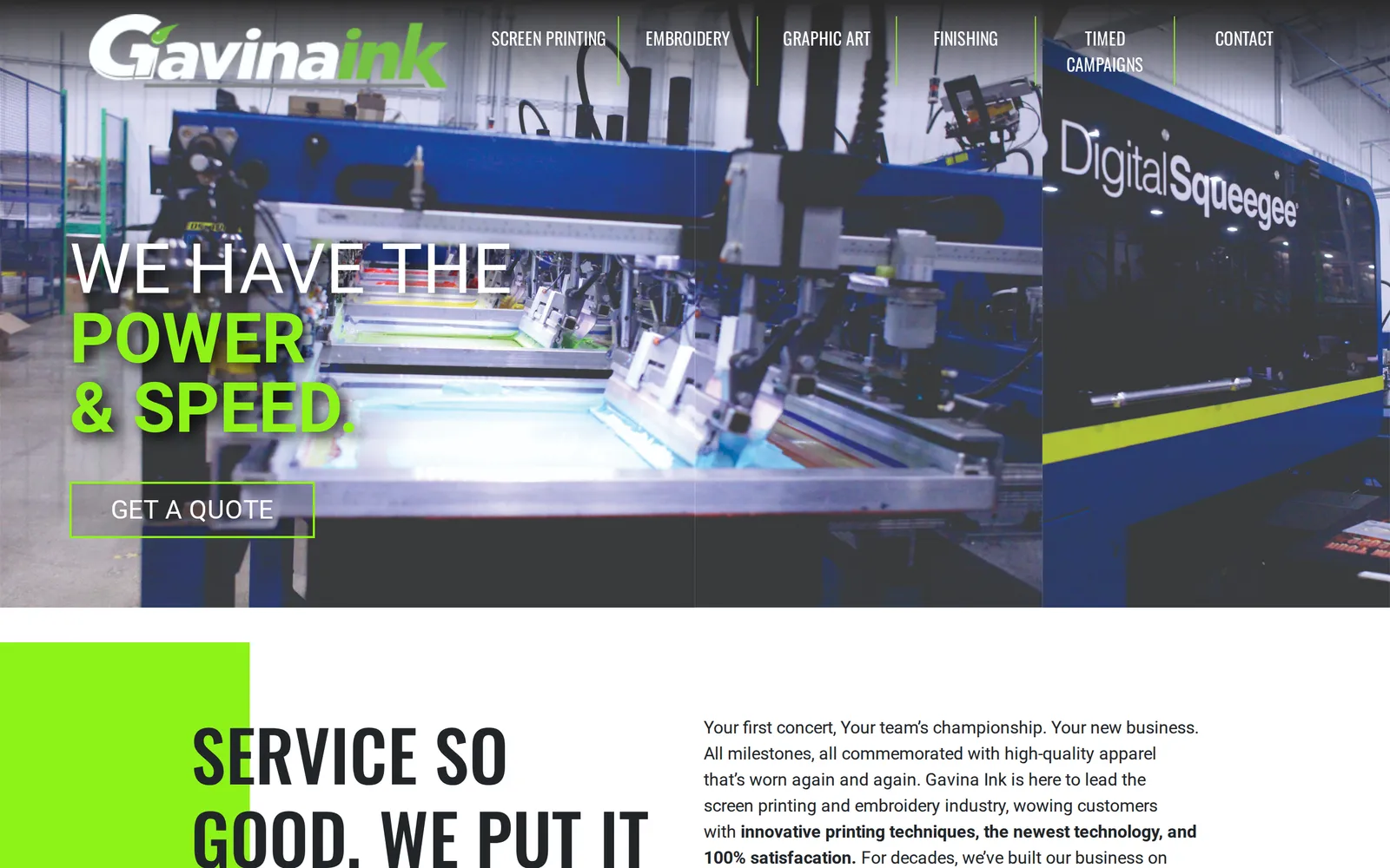 Screenshot of the Gavina Ink homepage