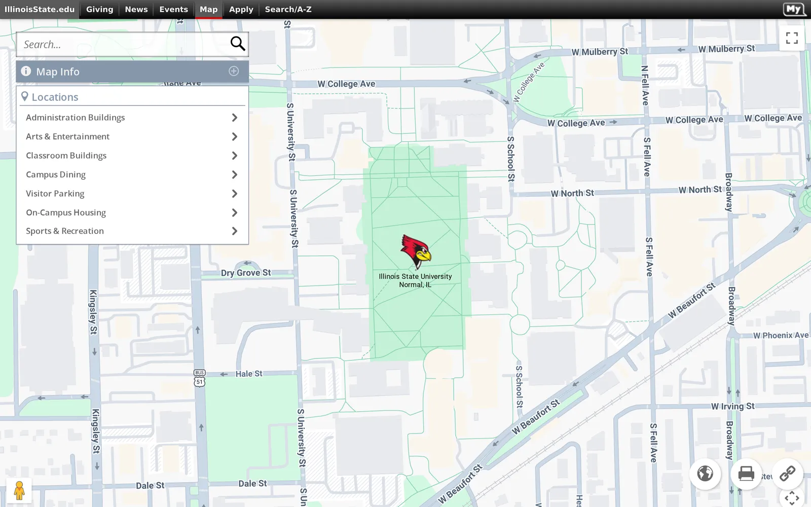 Screenshot of the Illinois State University Interactive Map homepage
