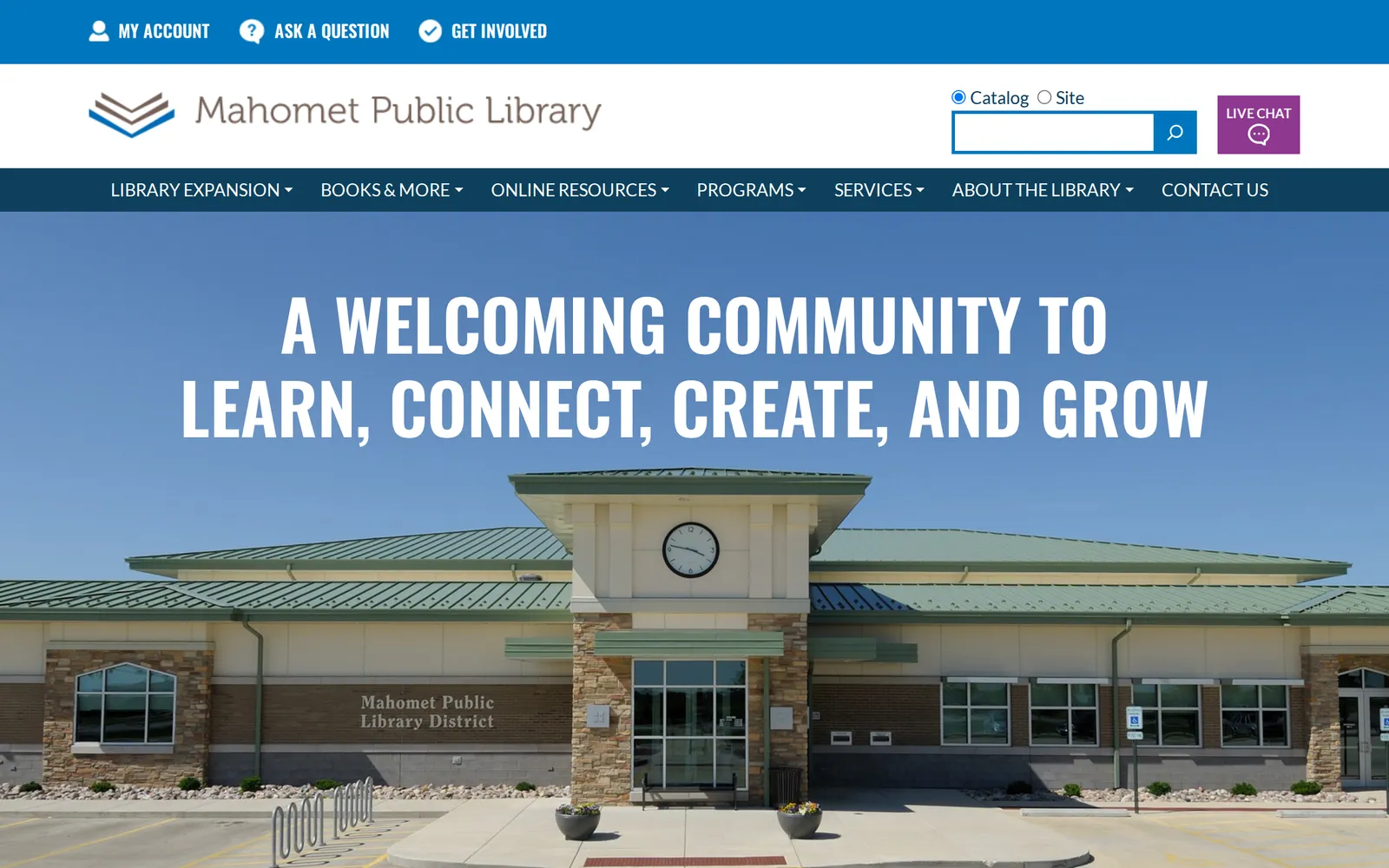 Screenshot of the Mahomet Public Library homepage