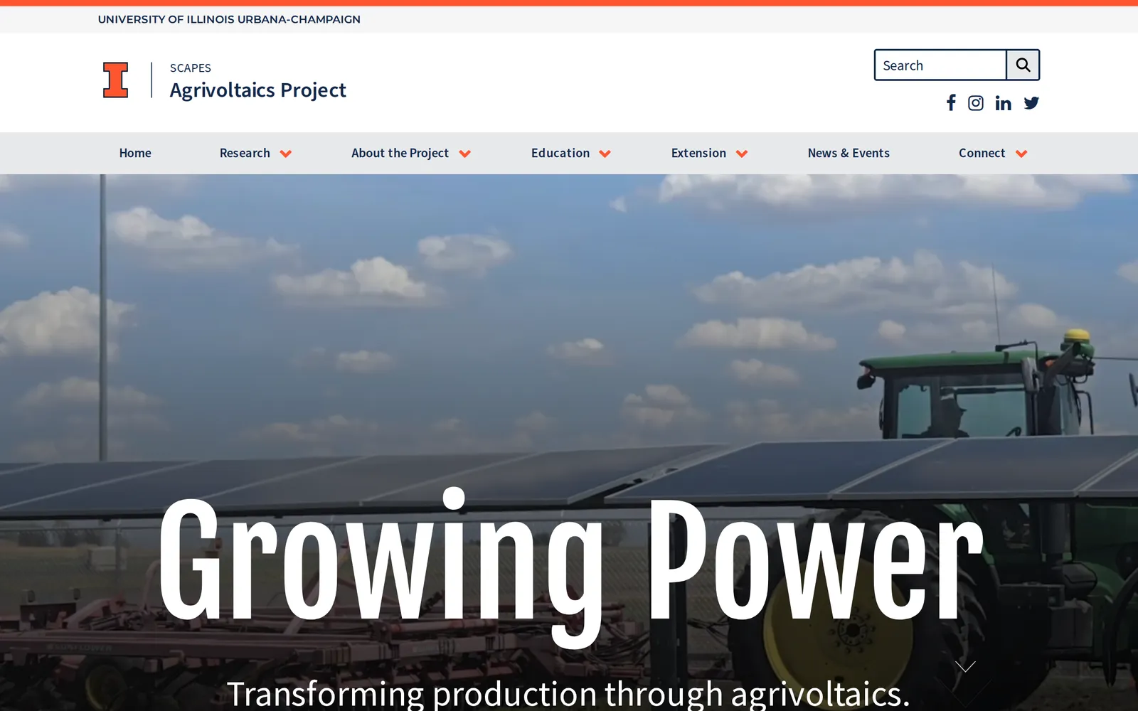 Screenshot of the University of Illinois Agrovoltaics homepage